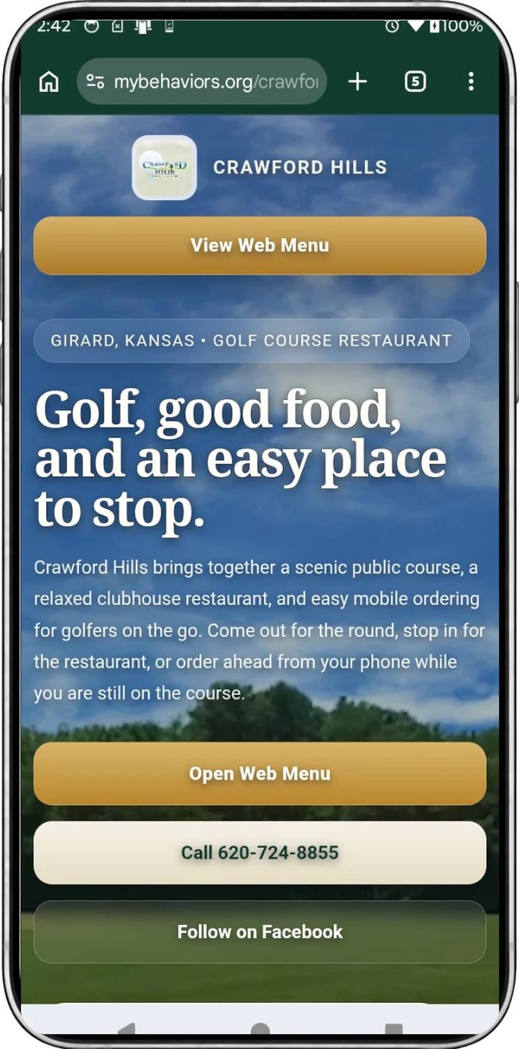 Crawford Hills restaurant website on a phone