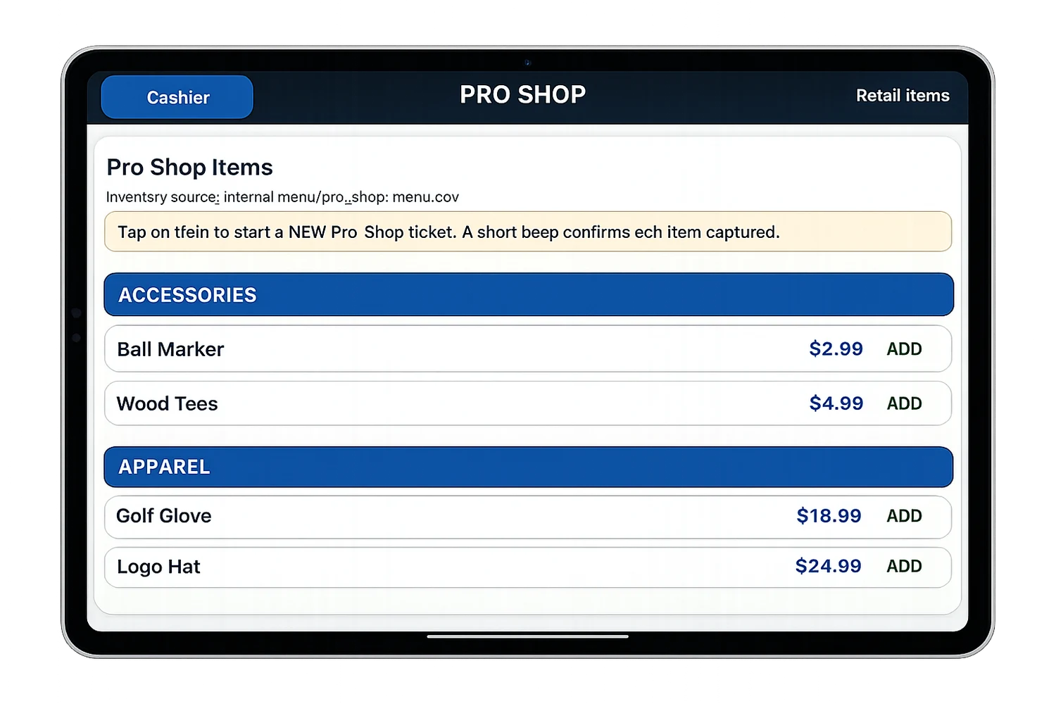 Pro Shop retail items screen on a tablet