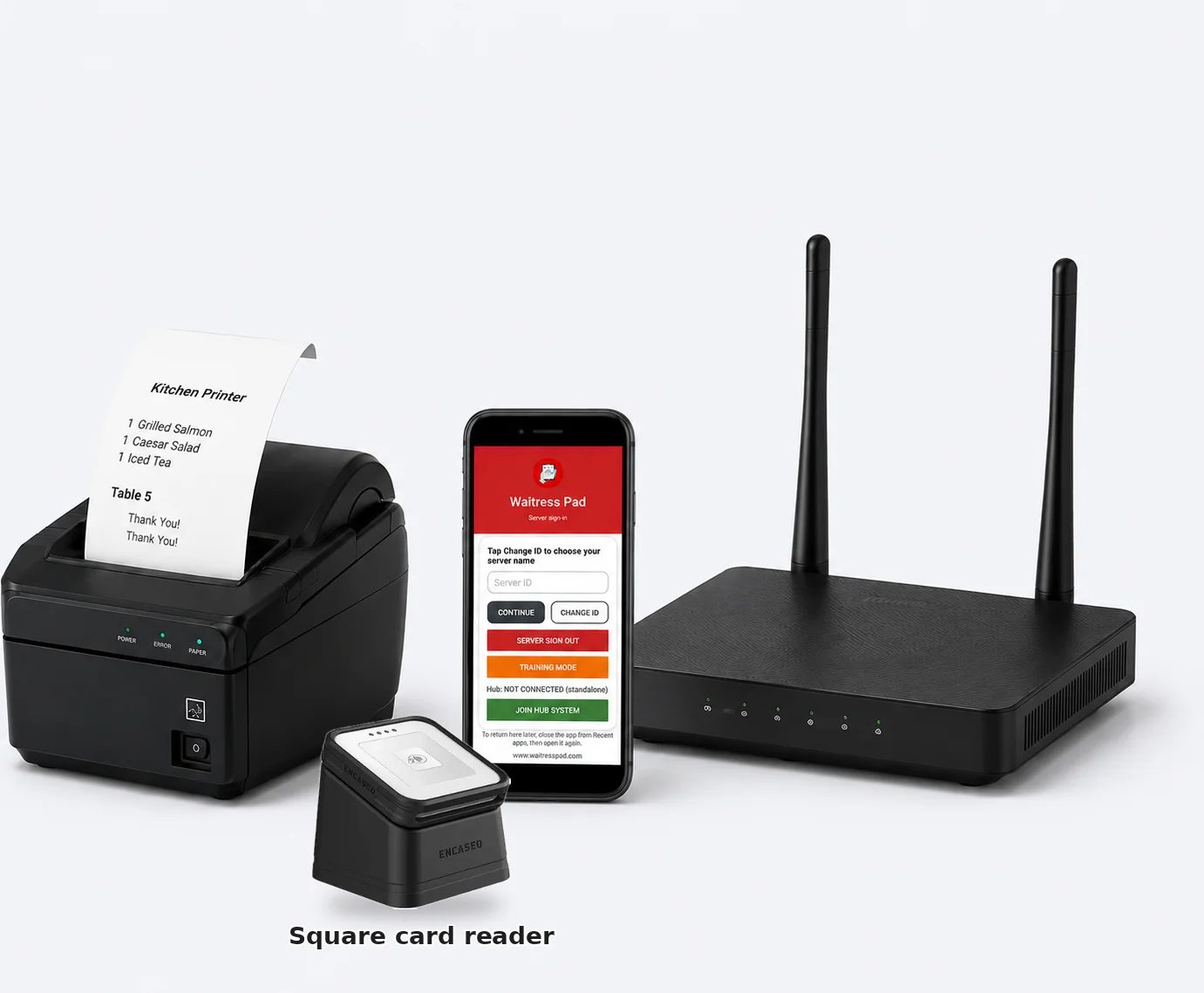 Waitress Pad Lite ready-to-use kit with printer, phone, Wi-Fi router, and Square card reader